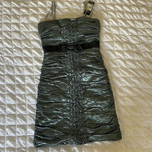 BCBGMaxAzria Y2K metallic ruched woven strapless dress - Picture 1 of 11